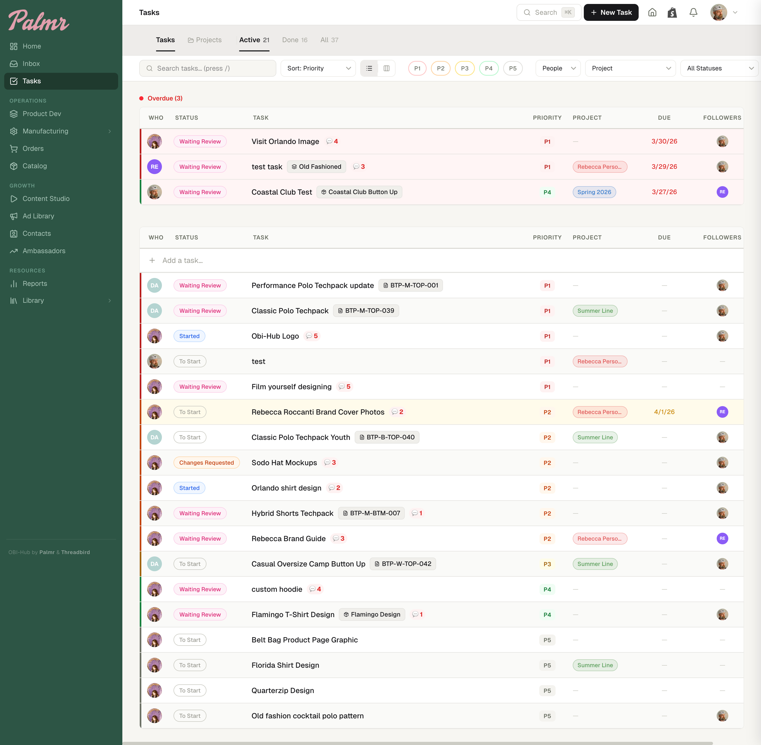 OBI-Hub Tasks view